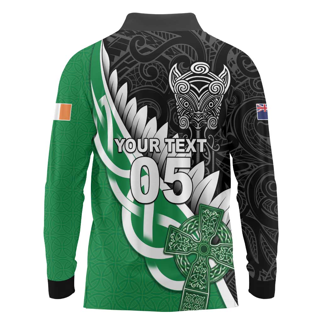 New Zealand And Ireland Rugby Custom Long Sleeve Polo Shirt Silver Fern With Celtic Cross LT05 - Polynesian Pride