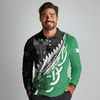 New Zealand And Ireland Rugby Custom Long Sleeve Polo Shirt Silver Fern With Celtic Cross LT05 - Polynesian Pride