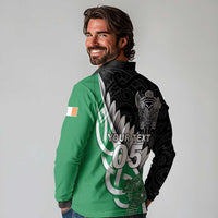 New Zealand And Ireland Rugby Custom Long Sleeve Polo Shirt Silver Fern With Celtic Cross LT05 - Polynesian Pride