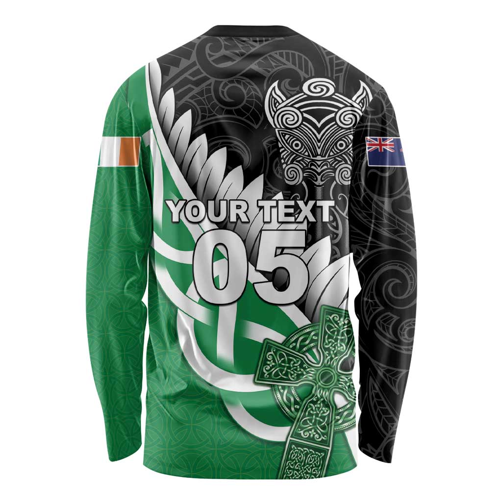 New Zealand And Ireland Rugby Custom Long Sleeve Shirt Silver Fern With Celtic Cross LT05 - Polynesian Pride