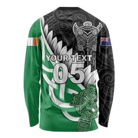 New Zealand And Ireland Rugby Custom Long Sleeve Shirt Silver Fern With Celtic Cross LT05 - Polynesian Pride