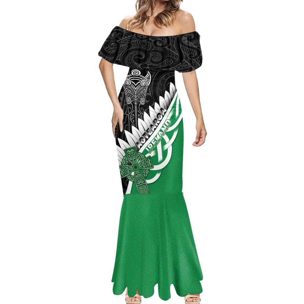 New Zealand And Ireland Rugby Custom Mermaid Dress Silver Fern With Celtic Cross LT05 - Polynesian Pride