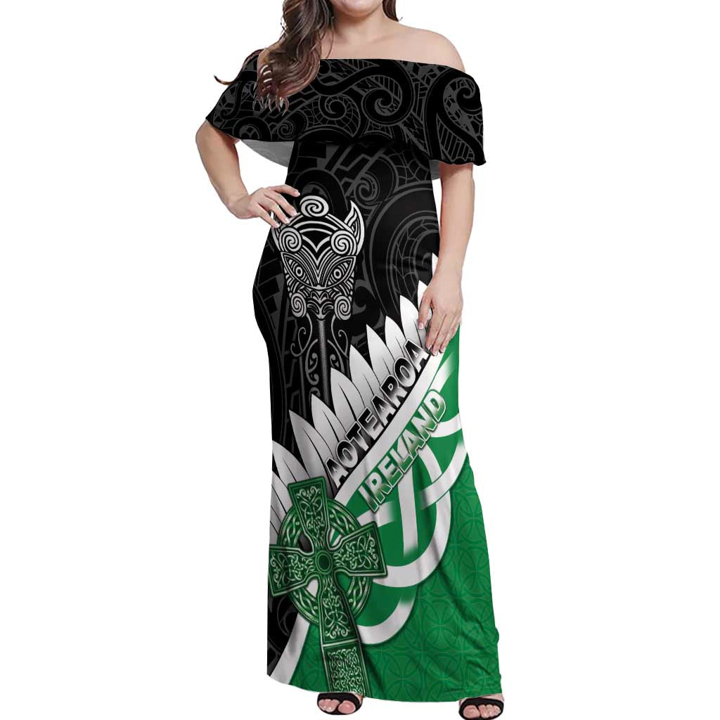 New Zealand And Ireland Rugby Custom Off Shoulder Maxi Dress Silver Fern With Celtic Cross LT05 Women Green - Polynesian Pride