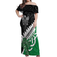 New Zealand And Ireland Rugby Custom Off Shoulder Maxi Dress Silver Fern With Celtic Cross LT05 Women Green - Polynesian Pride