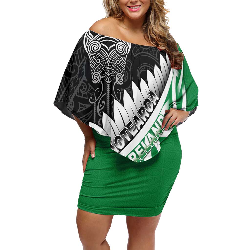 New Zealand And Ireland Rugby Custom Off Shoulder Short Dress Silver Fern With Celtic Cross LT05 Women Green - Polynesian Pride