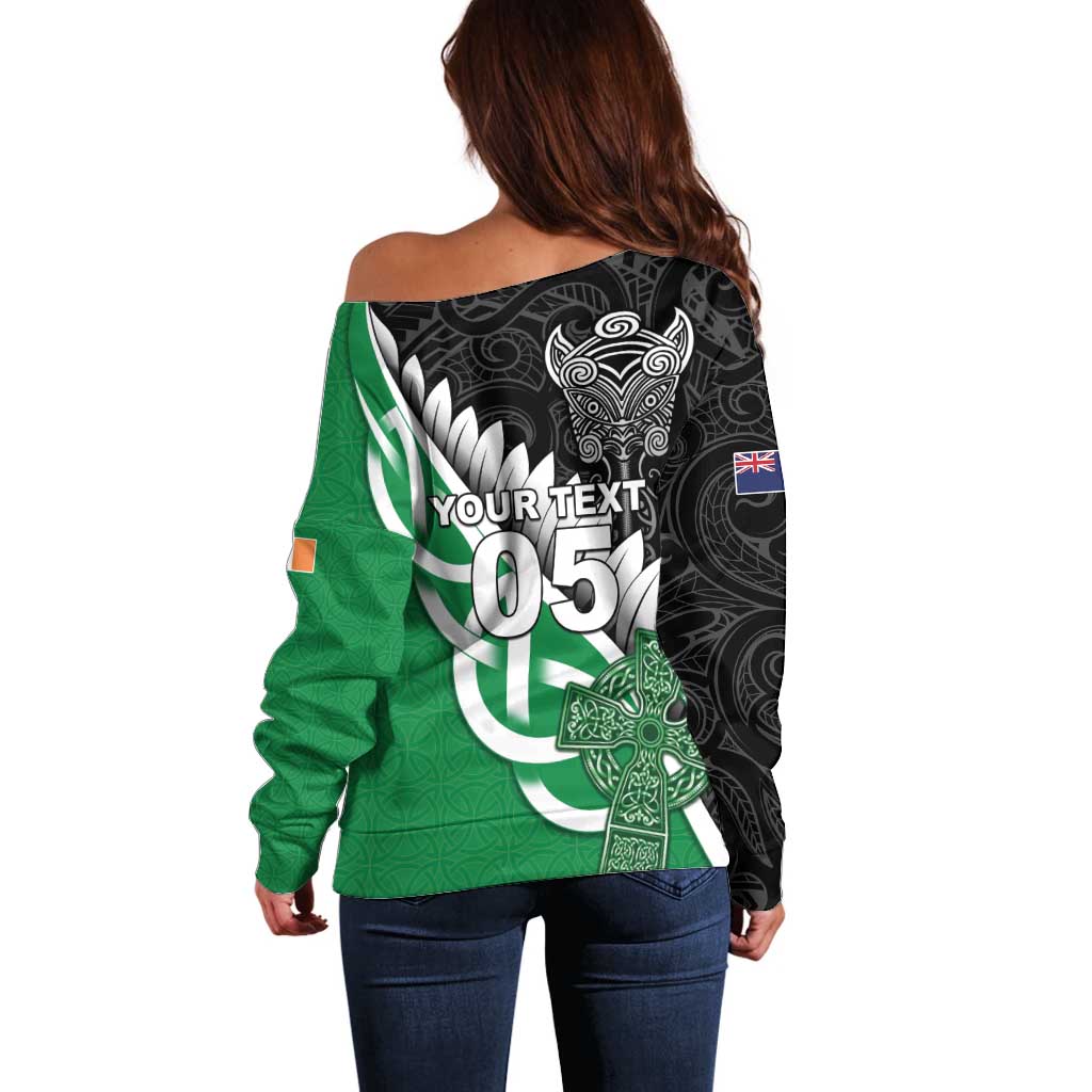 New Zealand And Ireland Rugby Custom Off Shoulder Sweater Silver Fern With Celtic Cross LT05 - Polynesian Pride