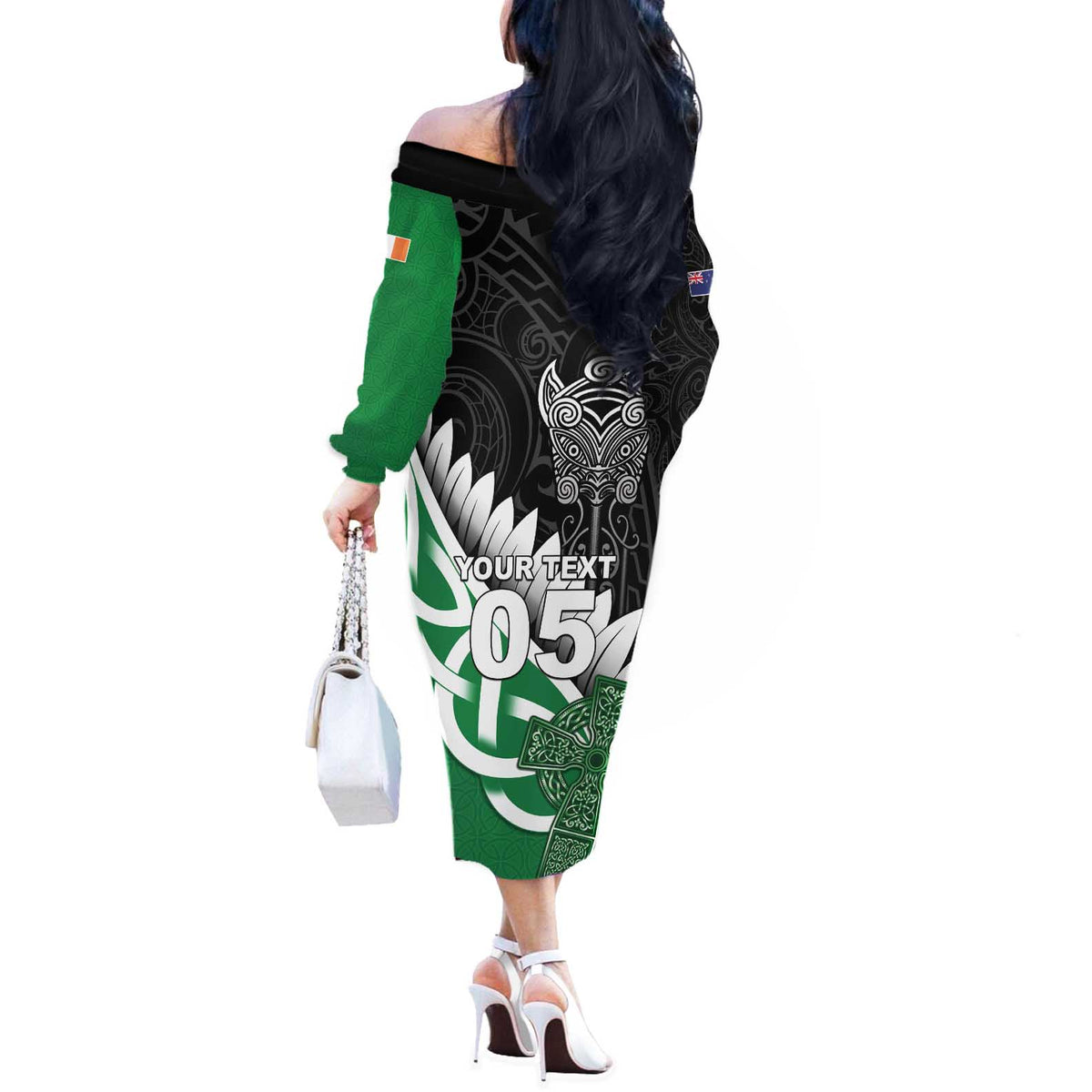 New Zealand And Ireland Rugby Custom Off The Shoulder Long Sleeve Dress Silver Fern With Celtic Cross LT05 - Polynesian Pride