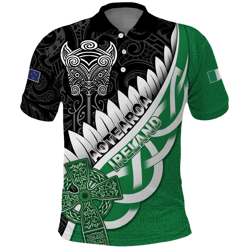 New Zealand And Ireland Rugby Custom Polo Shirt Silver Fern With Celtic Cross LT05 Green - Polynesian Pride