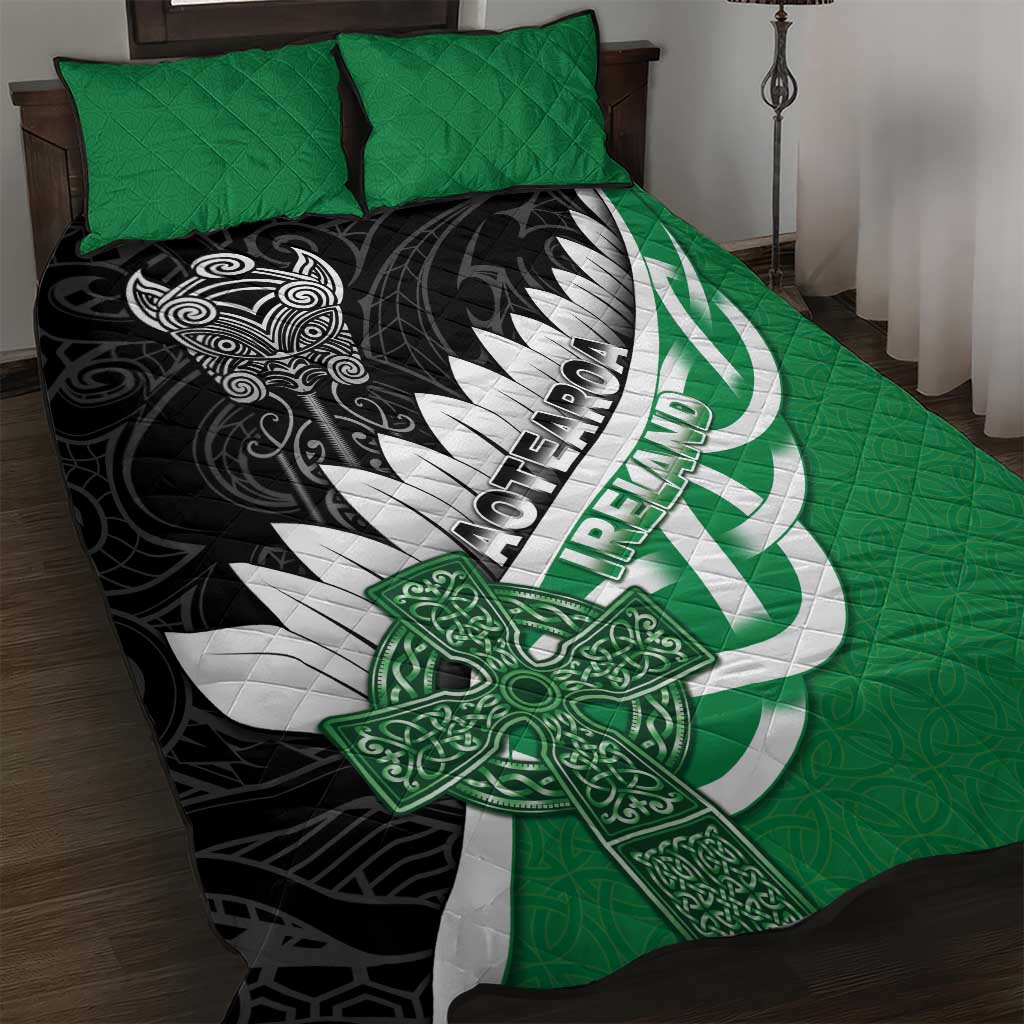 New Zealand And Ireland Rugby Quilt Bed Set Silver Fern With Celtic Cross LT05 Green - Polynesian Pride