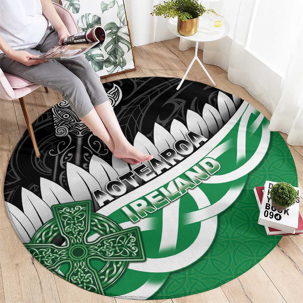New Zealand And Ireland Rugby Round Carpet Silver Fern With Celtic Cross LT05 - Polynesian Pride