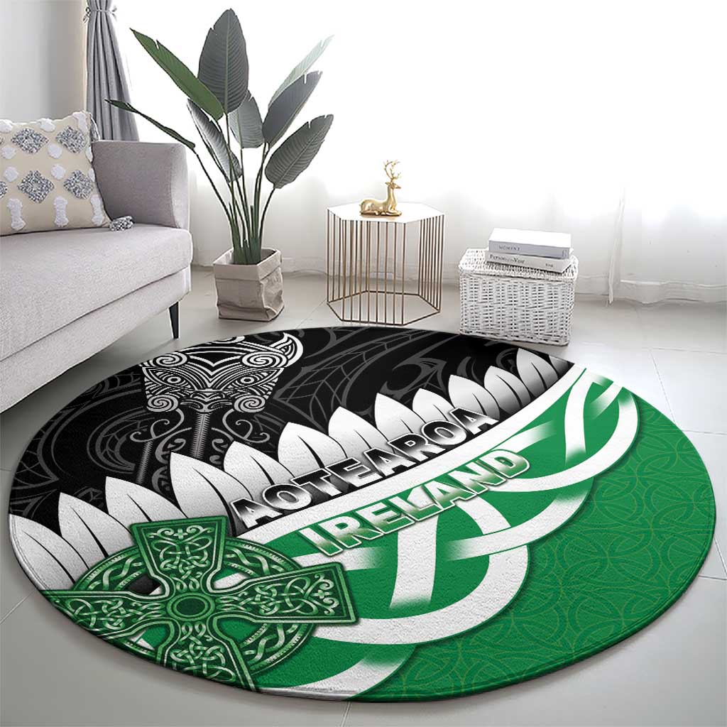 New Zealand And Ireland Rugby Round Carpet Silver Fern With Celtic Cross LT05 - Polynesian Pride