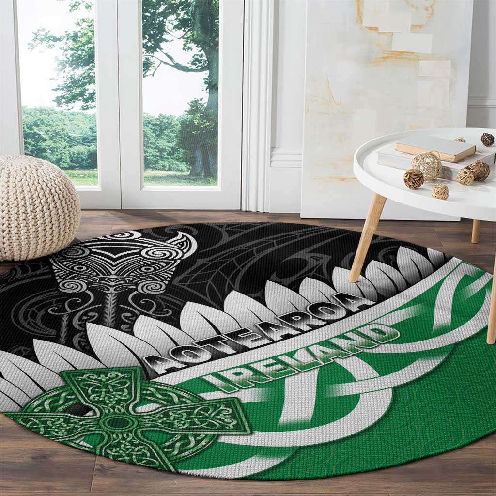 New Zealand And Ireland Rugby Round Carpet Silver Fern With Celtic Cross LT05 - Polynesian Pride