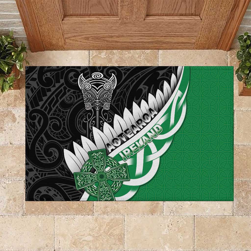 New Zealand And Ireland Rugby Rubber Doormat Silver Fern With Celtic Cross LT05 Green - Polynesian Pride