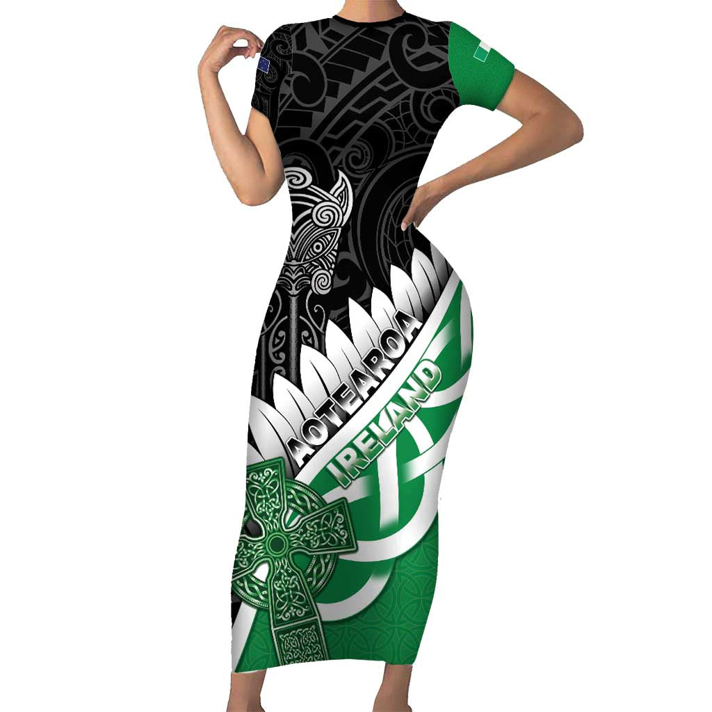 New Zealand And Ireland Rugby Custom Short Sleeve Bodycon Dress Silver Fern With Celtic Cross LT05 Long Dress Green - Polynesian Pride