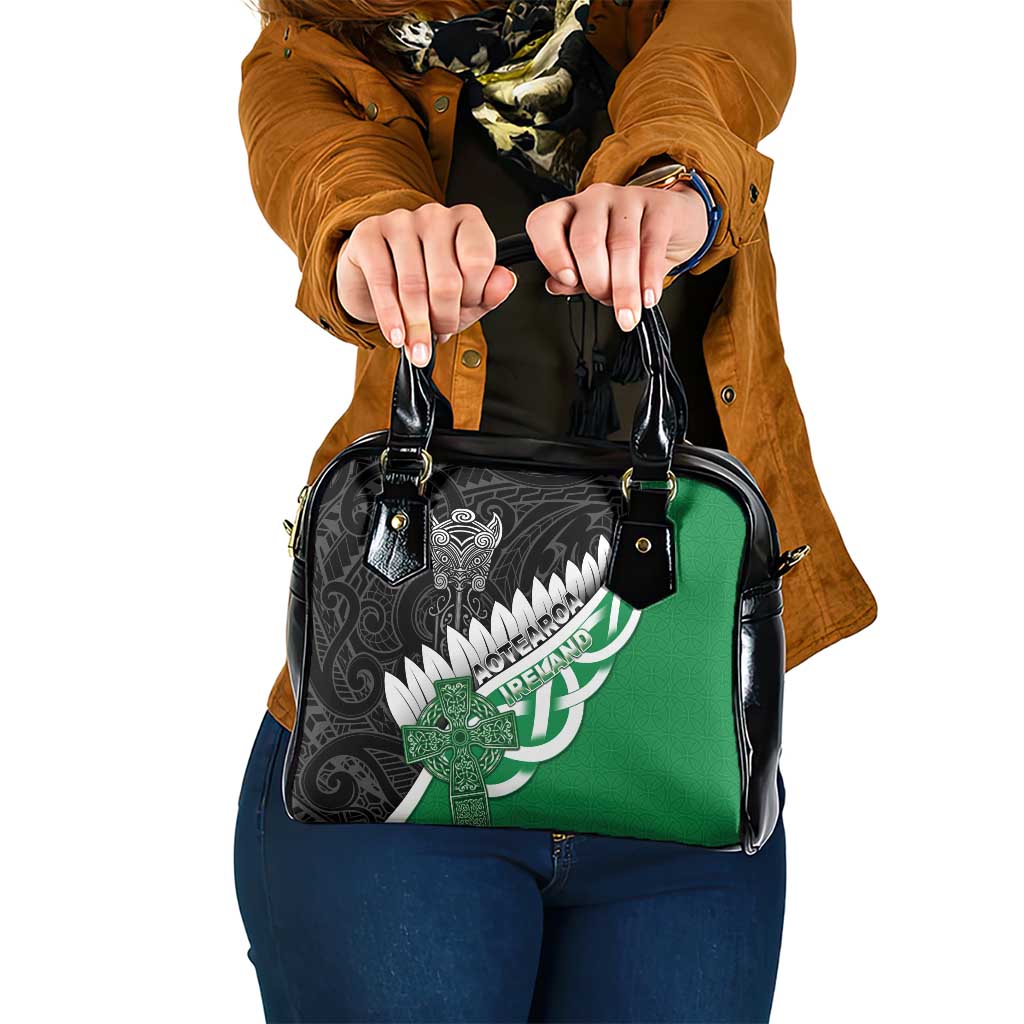 New Zealand And Ireland Rugby Shoulder Handbag Silver Fern With Celtic Cross LT05 One Size Green - Polynesian Pride