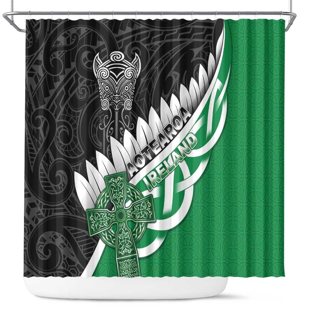 New Zealand And Ireland Rugby Shower Curtain Silver Fern With Celtic Cross LT05 Green - Polynesian Pride