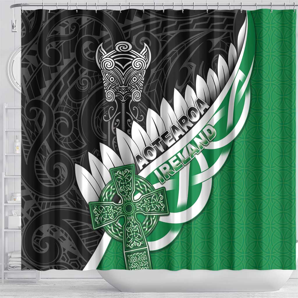 New Zealand And Ireland Rugby Shower Curtain Silver Fern With Celtic Cross LT05 - Polynesian Pride