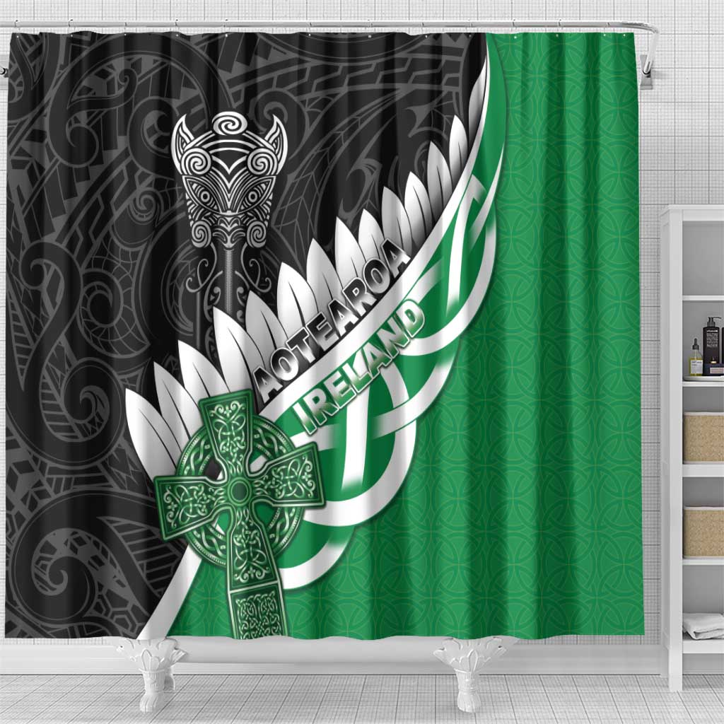 New Zealand And Ireland Rugby Shower Curtain Silver Fern With Celtic Cross LT05 - Polynesian Pride