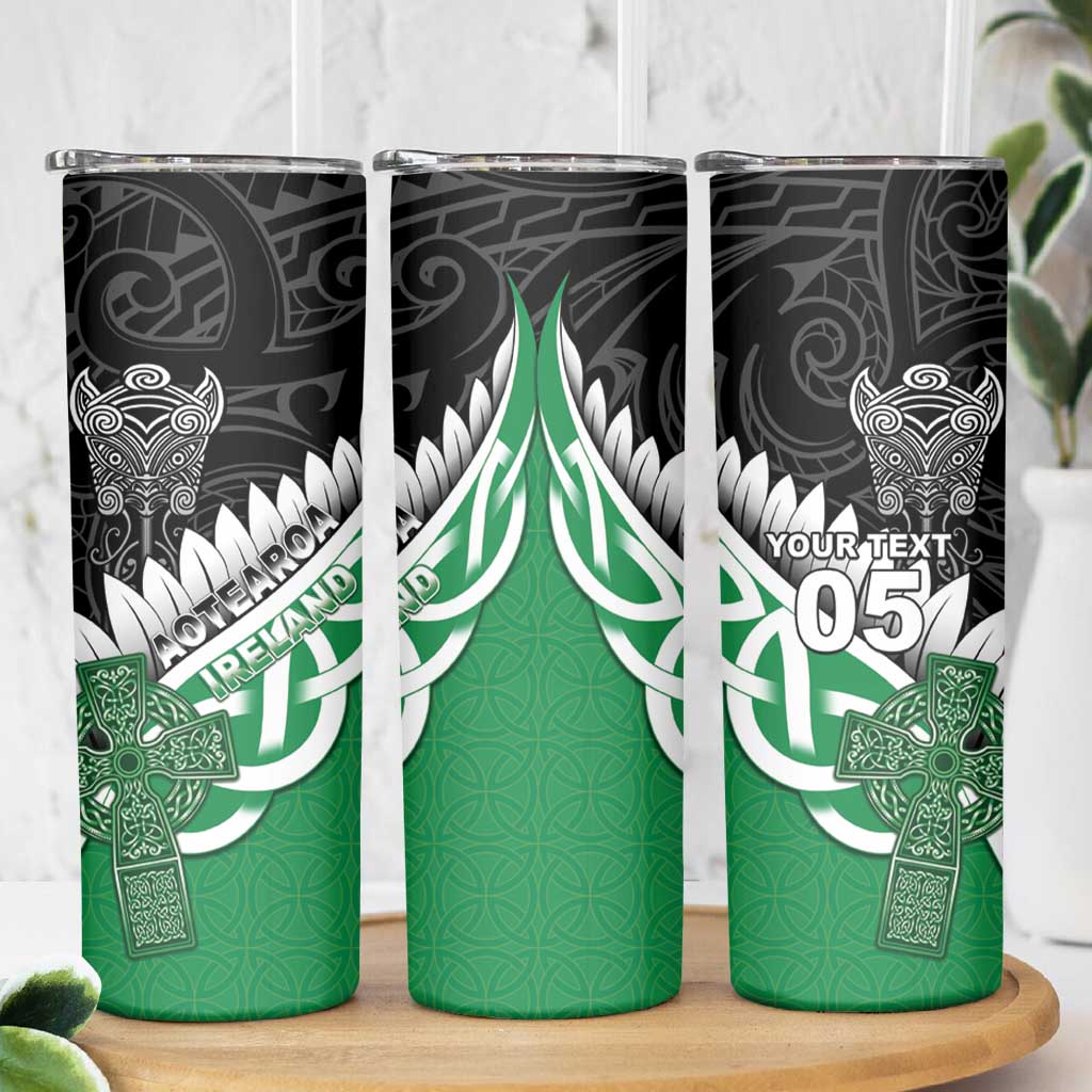 New Zealand And Ireland Rugby Custom Skinny Tumbler Silver Fern With Celtic Cross LT05 - Polynesian Pride