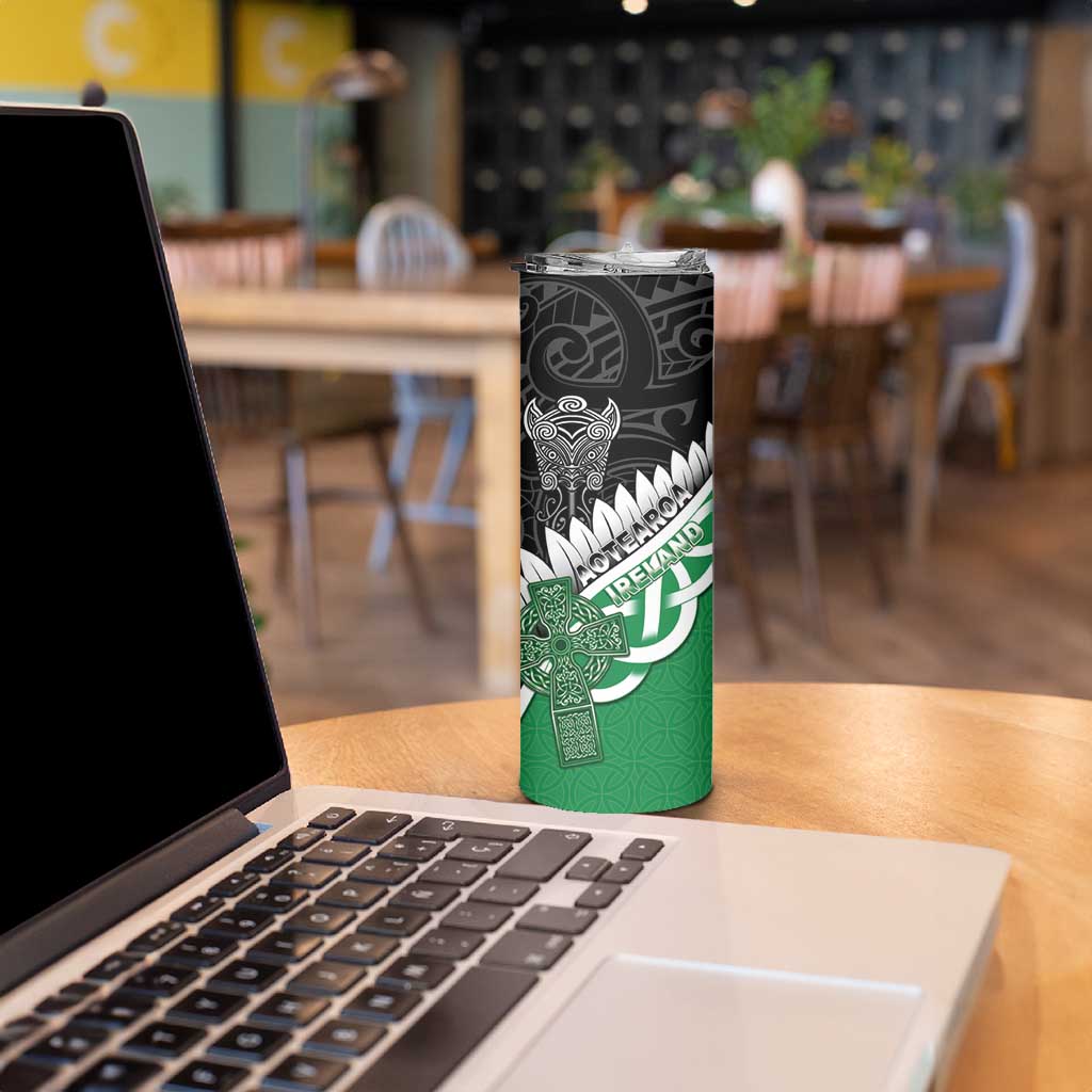 New Zealand And Ireland Rugby Custom Skinny Tumbler Silver Fern With Celtic Cross LT05 - Polynesian Pride