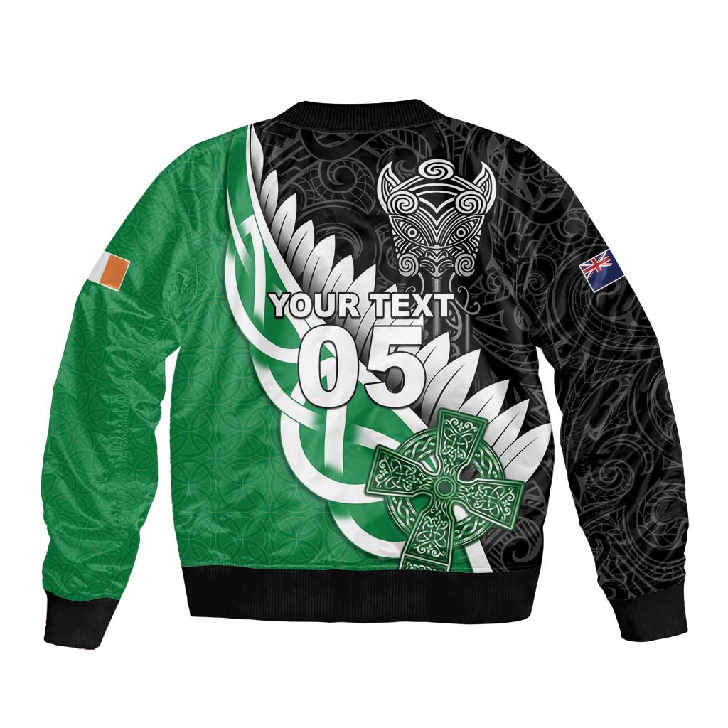 New Zealand And Ireland Rugby Custom Sleeve Zip Bomber Jacket Silver Fern With Celtic Cross