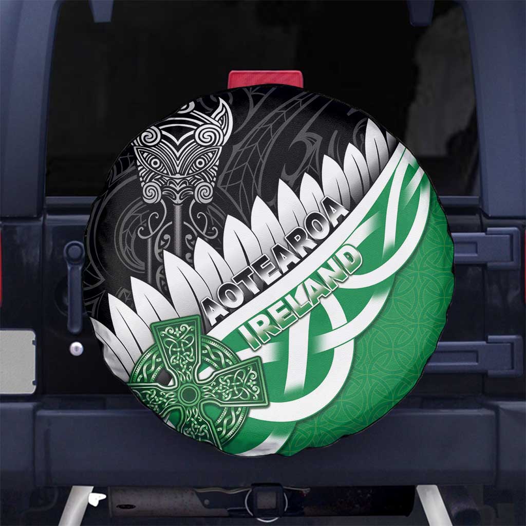 New Zealand And Ireland Rugby Spare Tire Cover Silver Fern With Celtic Cross LT05 No hole Green - Polynesian Pride