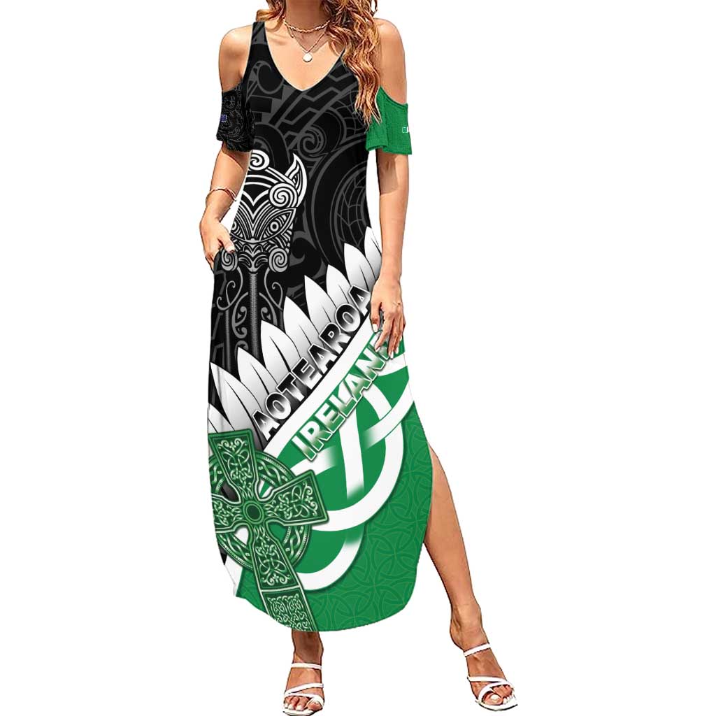 New Zealand And Ireland Rugby Custom Summer Maxi Dress Silver Fern With Celtic Cross LT05 Women Green - Polynesian Pride