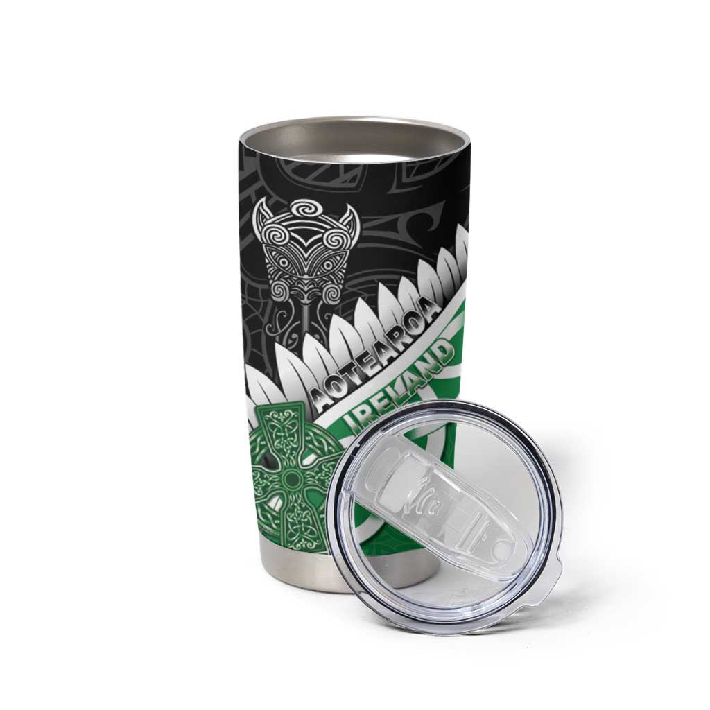 New Zealand And Ireland Rugby Custom Tumbler Cup Silver Fern With Celtic Cross LT05 - Polynesian Pride