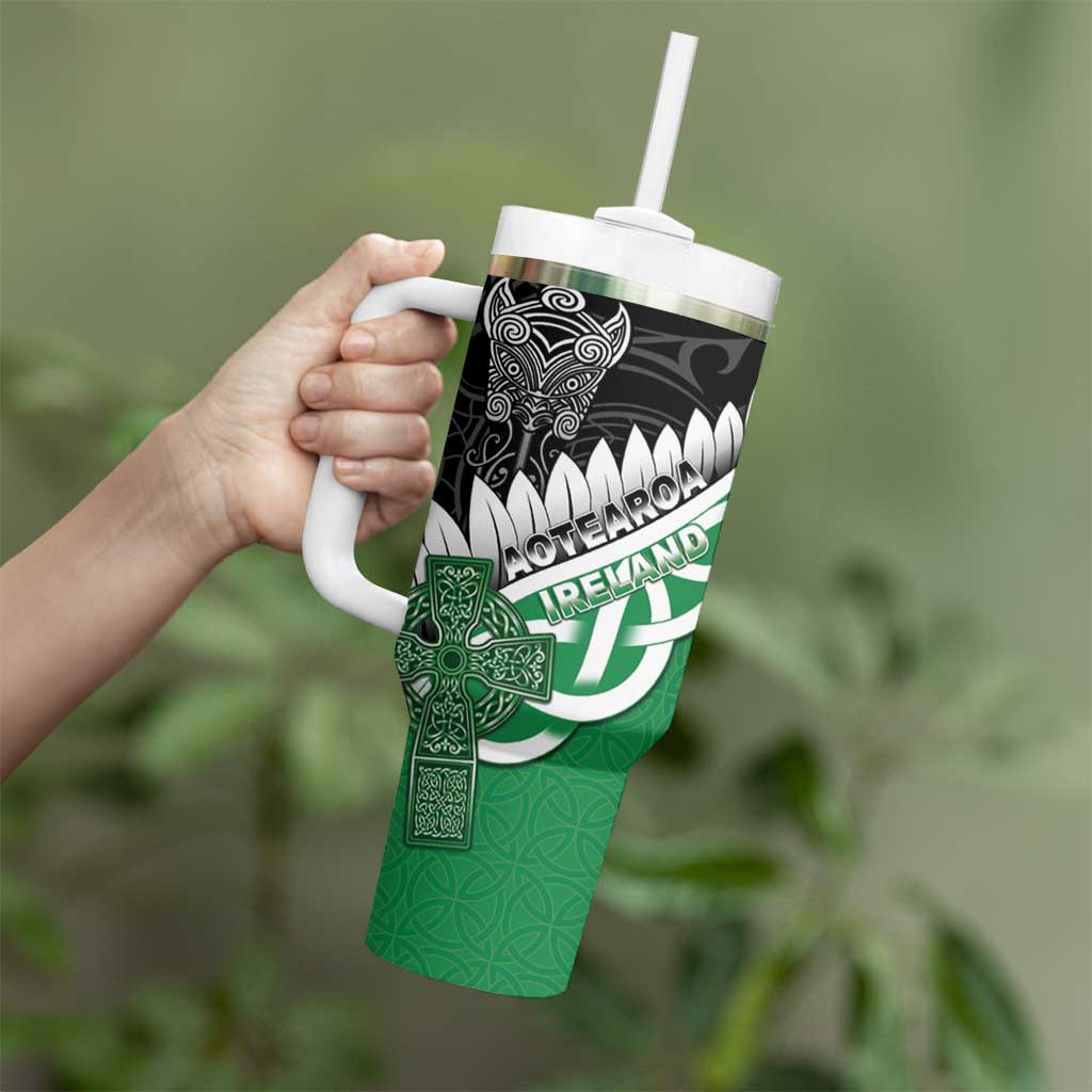 New Zealand And Ireland Rugby Custom Tumbler With Handle Silver Fern With Celtic Cross LT05 - Polynesian Pride