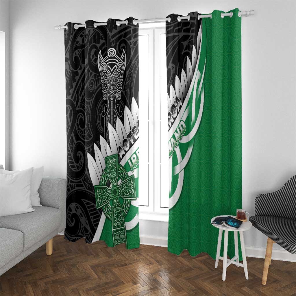 New Zealand And Ireland Rugby Window Curtain Silver Fern With Celtic Cross LT05 With Grommets Green - Polynesian Pride