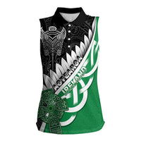 New Zealand And Ireland Rugby Custom Women Sleeveless Polo Shirt Silver Fern With Celtic Cross LT05 Female Green - Polynesian Pride