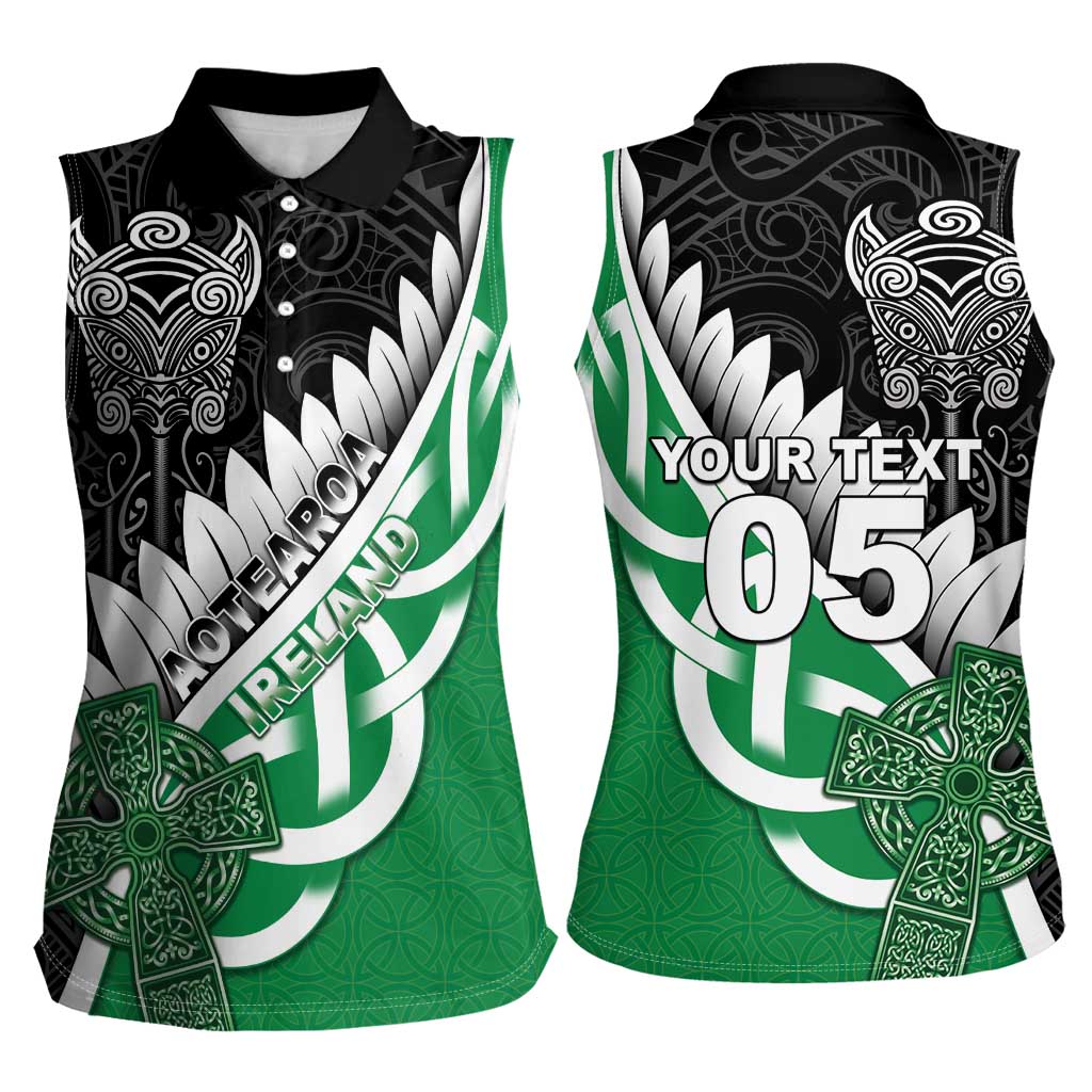 New Zealand And Ireland Rugby Custom Women Sleeveless Polo Shirt Silver Fern With Celtic Cross LT05 - Polynesian Pride