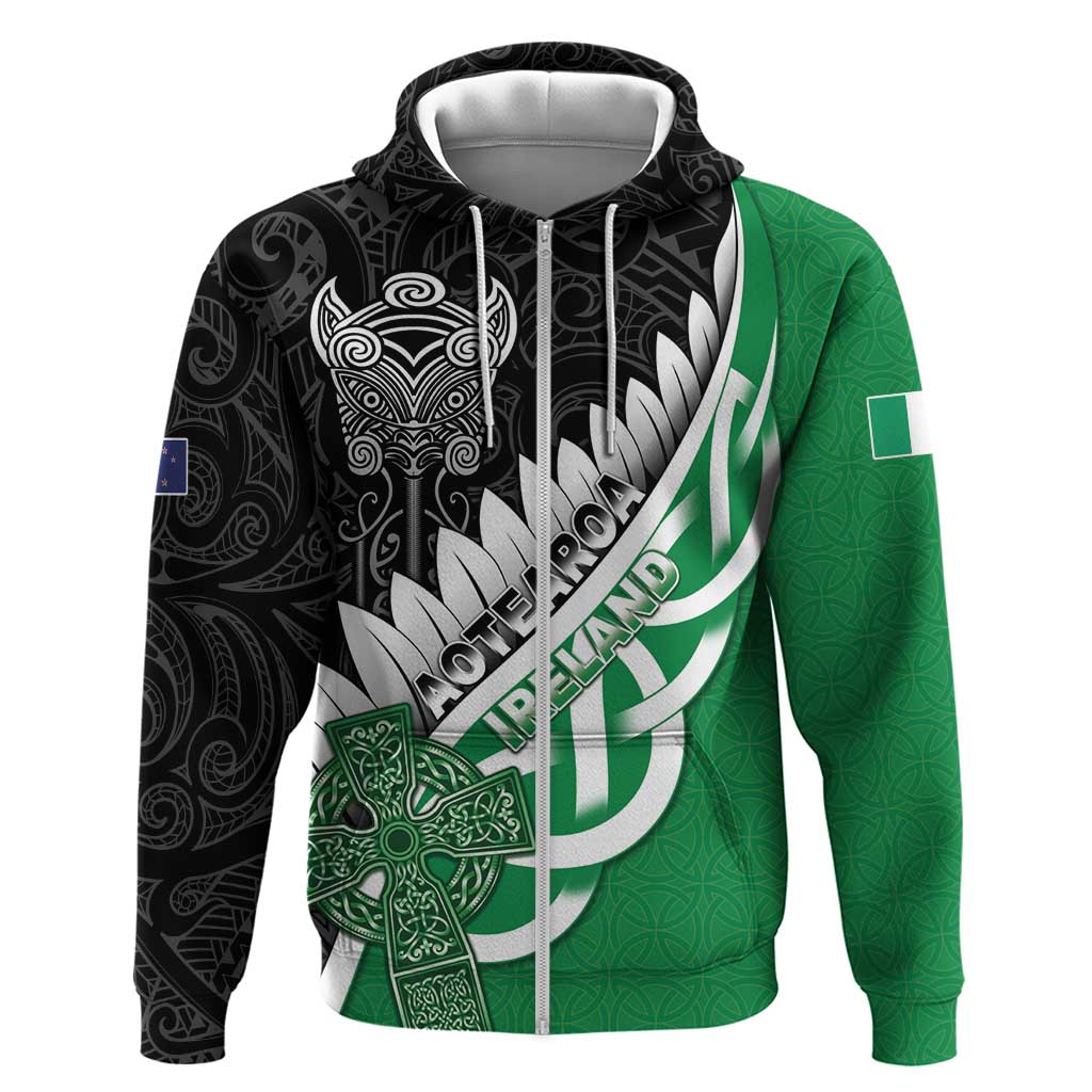 New Zealand And Ireland Rugby Custom Zip Hoodie Silver Fern With Celtic Cross LT05 Zip Hoodie Green - Polynesian Pride