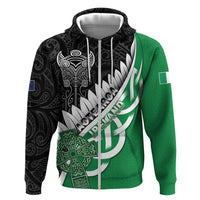 New Zealand And Ireland Rugby Custom Zip Hoodie Silver Fern With Celtic Cross LT05 Zip Hoodie Green - Polynesian Pride