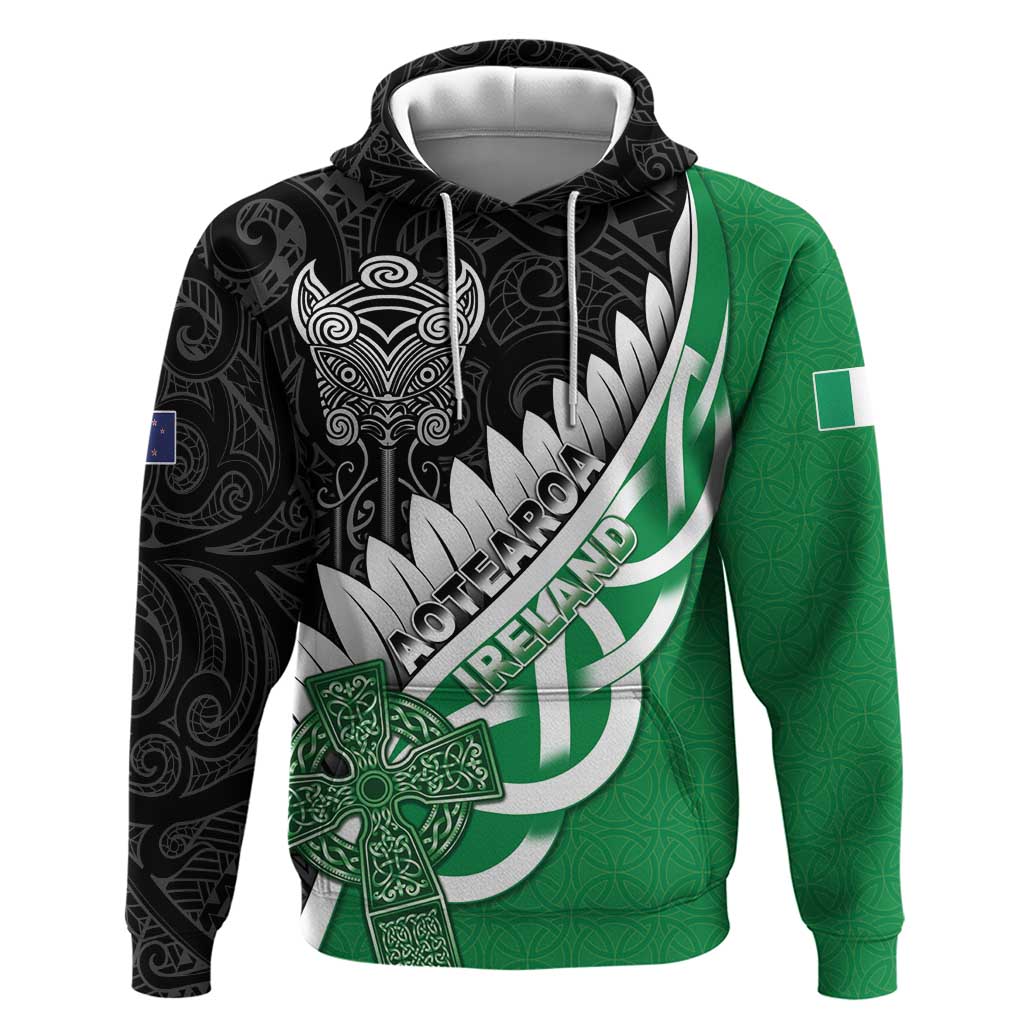 New Zealand And Ireland Rugby Custom Zip Hoodie Silver Fern With Celtic Cross LT05 Pullover Hoodie Green - Polynesian Pride