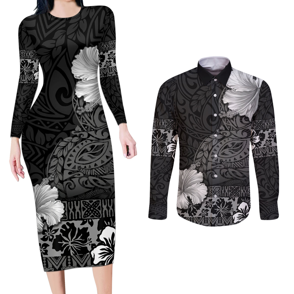 Hawaii Hibiscus With Black Polynesian Pattern Couples Matching Long Sleeve Bodycon Dress and Long Sleeve Button Shirt