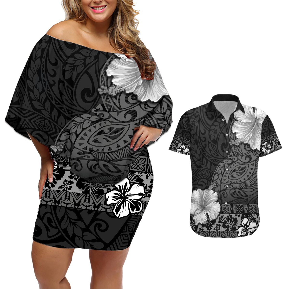 Hawaii Hibiscus With Black Polynesian Pattern Couples Matching Off Shoulder Short Dress and Hawaiian Shirt