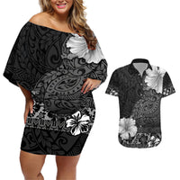 Hawaii Hibiscus With Black Polynesian Pattern Couples Matching Off Shoulder Short Dress and Hawaiian Shirt