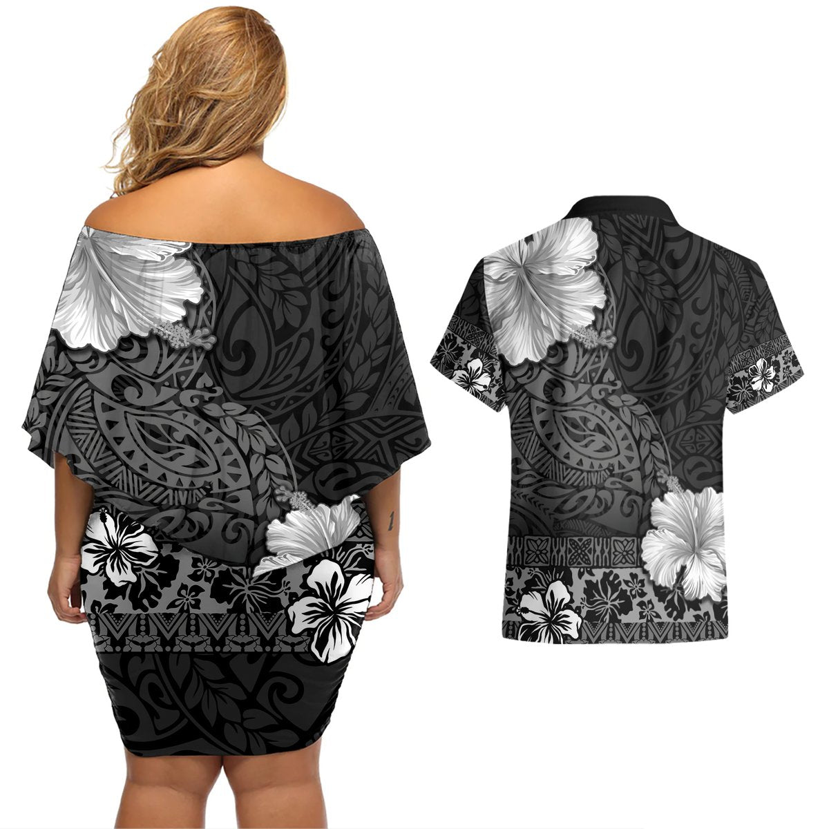 Hawaii Hibiscus With Black Polynesian Pattern Couples Matching Off Shoulder Short Dress and Hawaiian Shirt