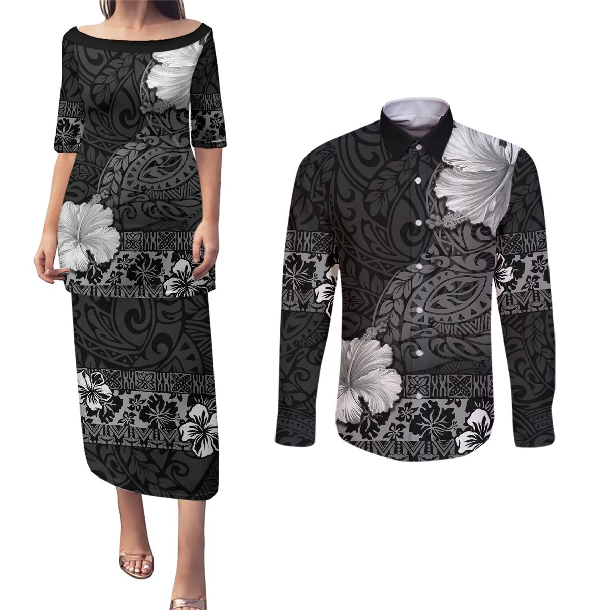 Hawaii Hibiscus With Black Polynesian Pattern Couples Matching Puletasi and Long Sleeve Button Shirt LT05 Black - Polynesian Pride