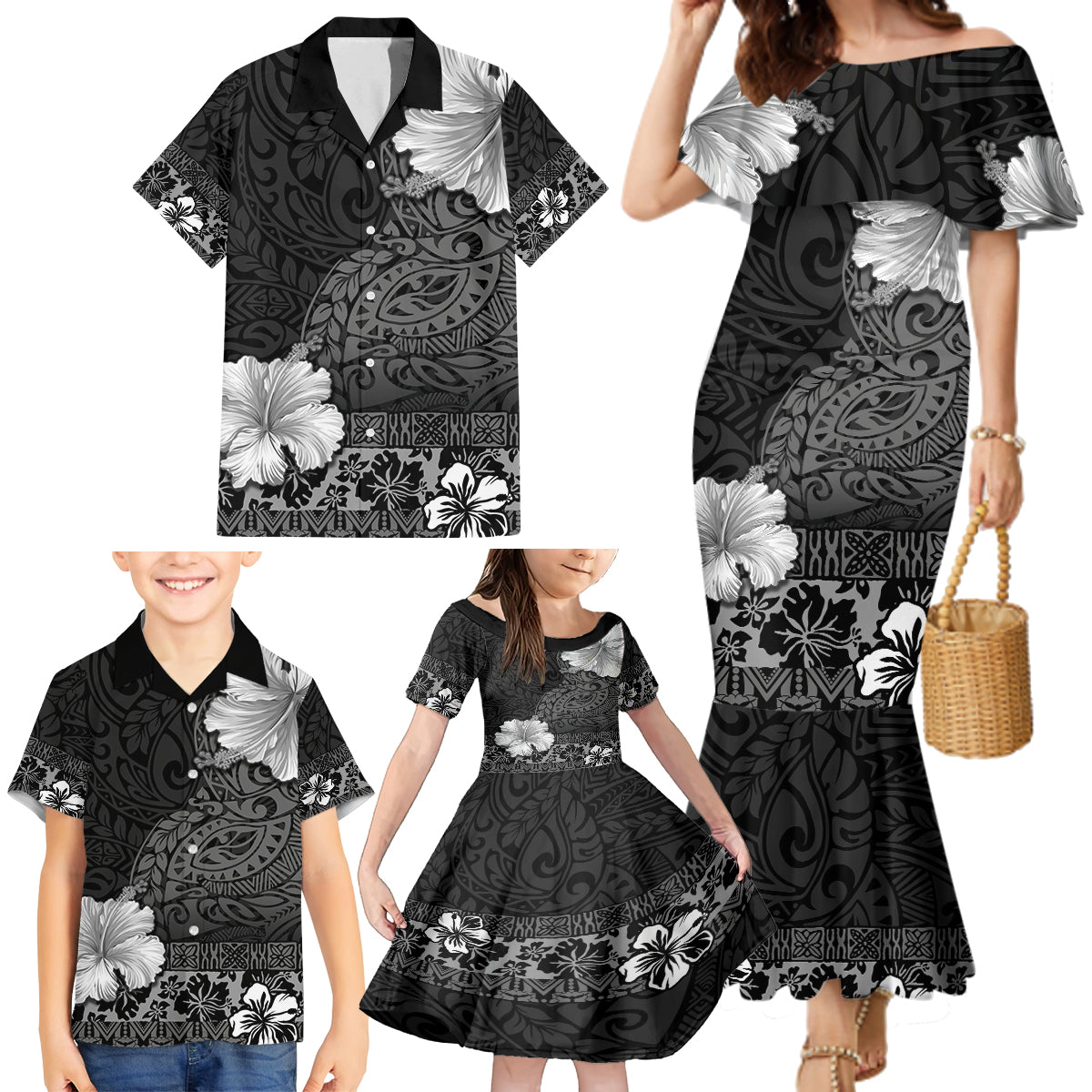 Hawaii Hibiscus With Black Polynesian Pattern Family Matching Mermaid Dress and Hawaiian Shirt LT05 - Polynesian Pride