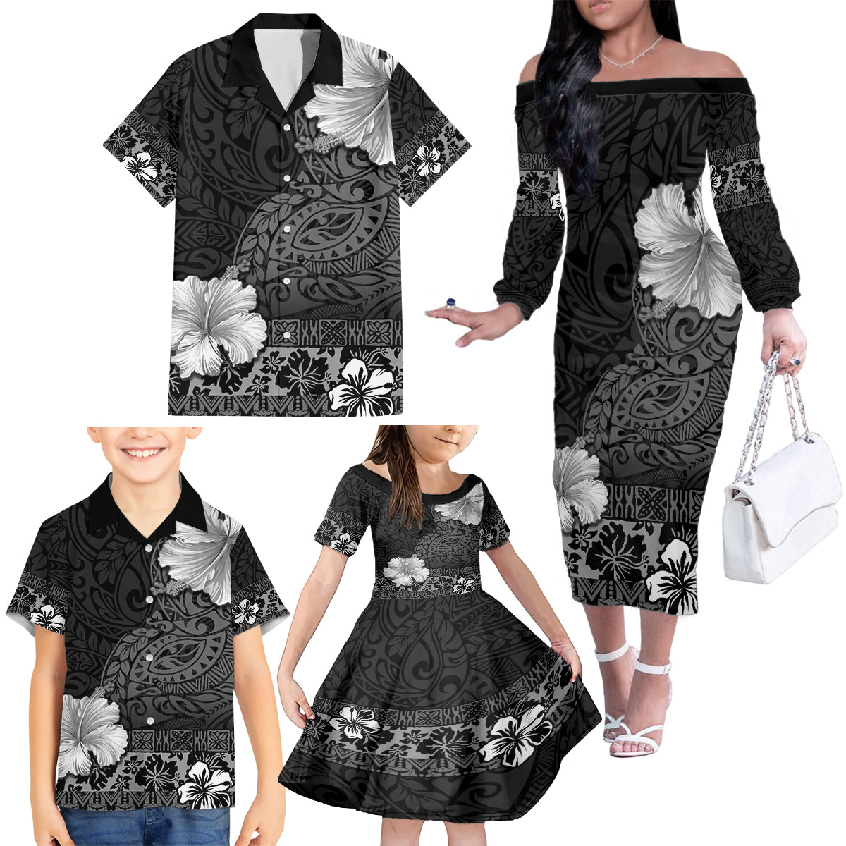 Hawaii Hibiscus With Black Polynesian Pattern Family Matching Off The Shoulder Long Sleeve Dress and Hawaiian Shirt LT05 - Polynesian Pride