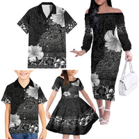 Hawaii Hibiscus With Black Polynesian Pattern Family Matching Off The Shoulder Long Sleeve Dress and Hawaiian Shirt LT05 - Polynesian Pride