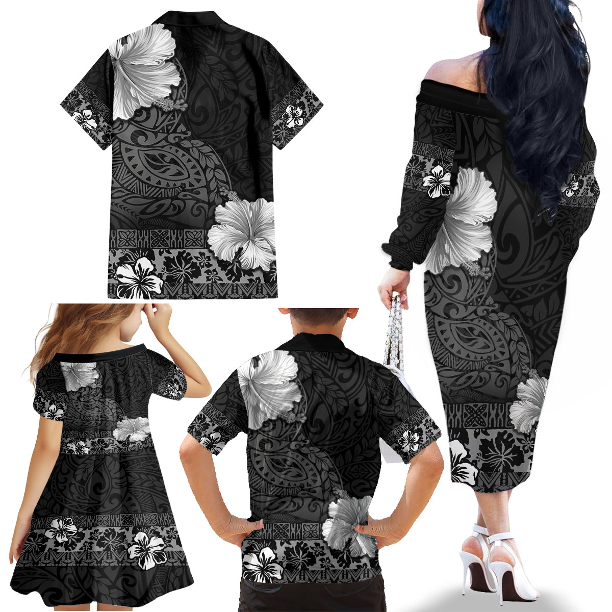 Hawaii Hibiscus With Black Polynesian Pattern Family Matching Off The Shoulder Long Sleeve Dress and Hawaiian Shirt LT05 - Polynesian Pride