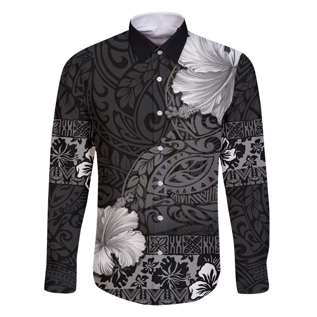Hawaii Hibiscus With Black Polynesian Pattern Family Matching Off The Shoulder Long Sleeve Dress and Hawaiian Shirt LT05 Dad's Shirt - Long Sleeve Black - Polynesian Pride
