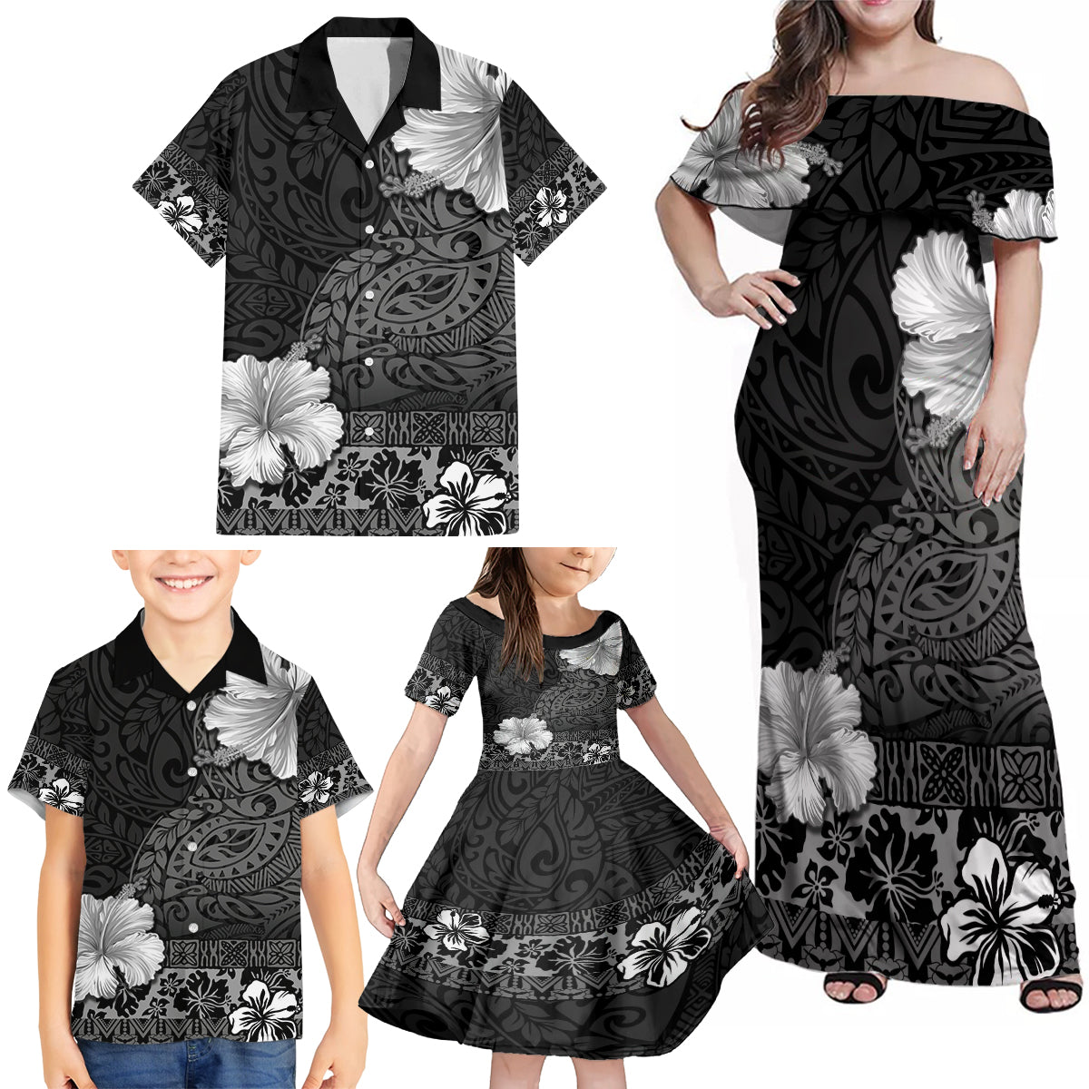 Hawaii Hibiscus With Black Polynesian Pattern Family Matching Off Shoulder Maxi Dress and Hawaiian Shirt LT05 - Polynesian Pride