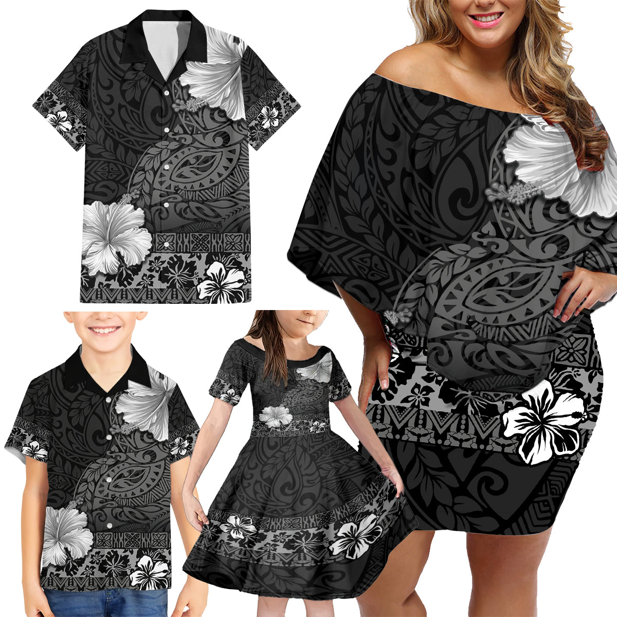 Hawaii Hibiscus With Black Polynesian Pattern Family Matching Off Shoulder Short Dress and Hawaiian Shirt LT05 - Polynesian Pride