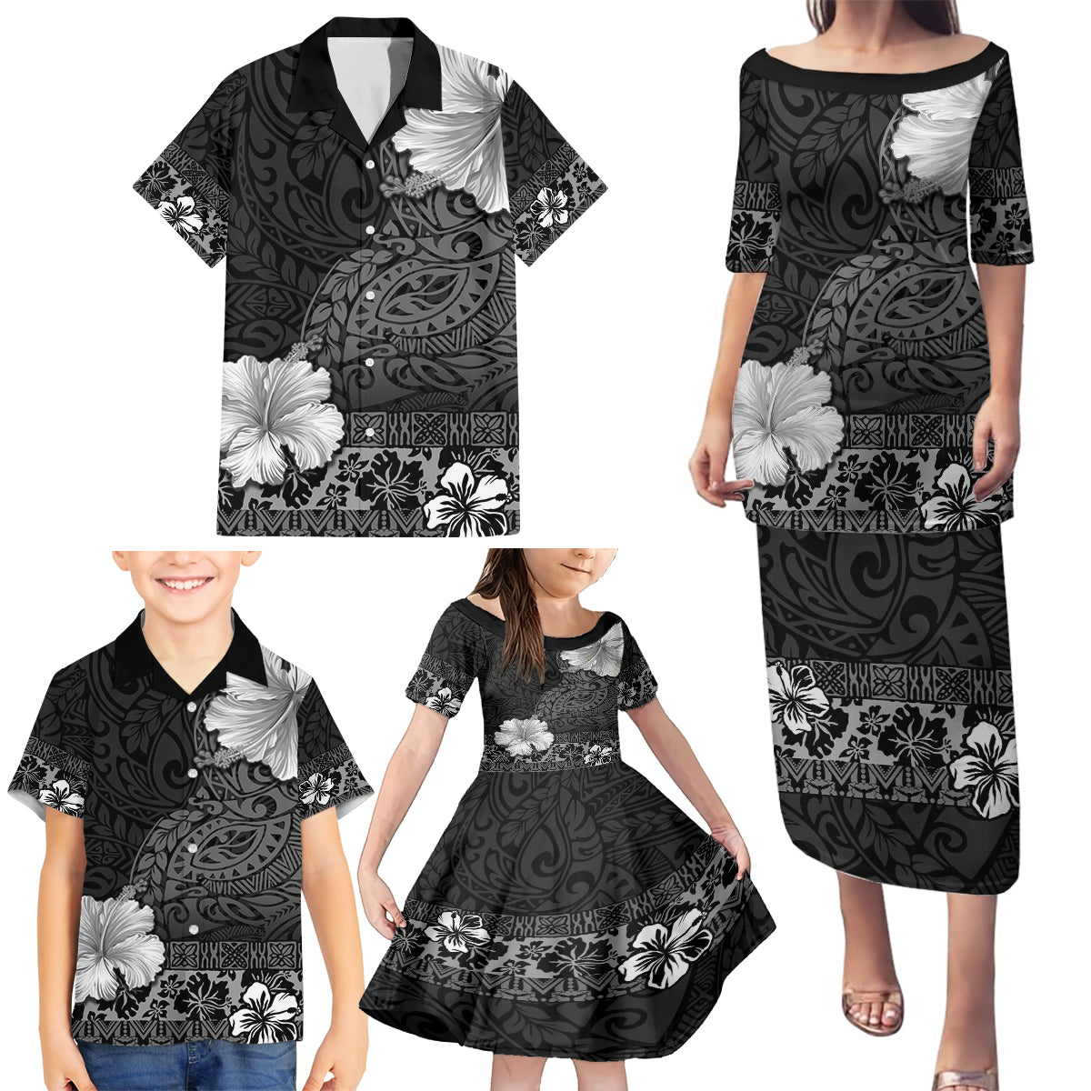 Hawaii Hibiscus With Black Polynesian Pattern Family Matching Puletasi and Hawaiian Shirt LT05 - Polynesian Pride