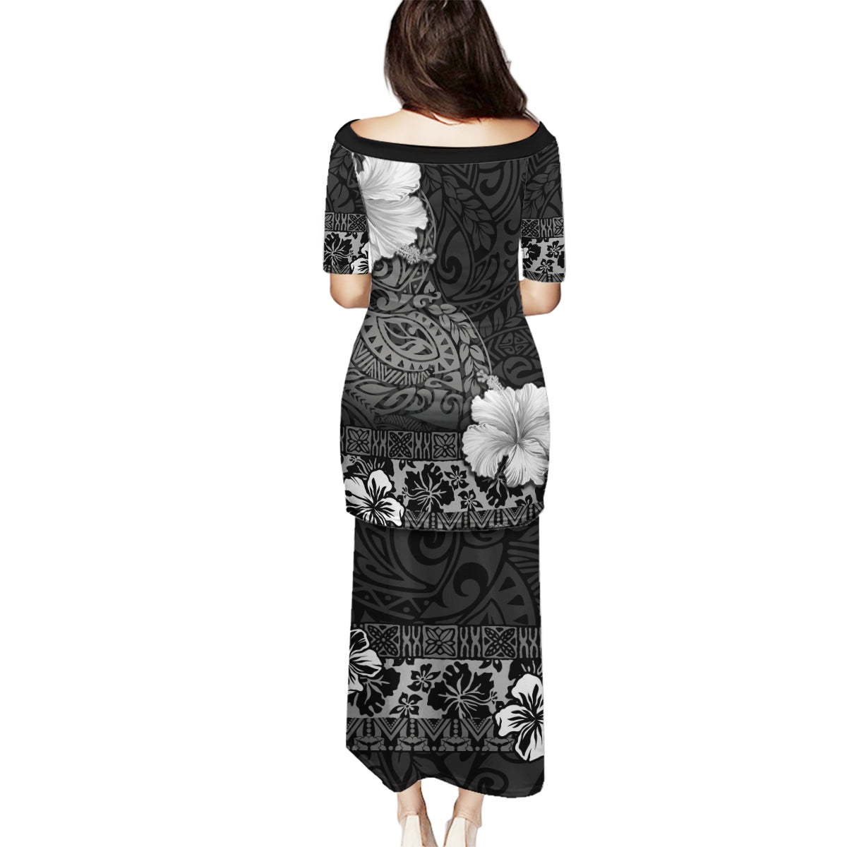 Hawaii Hibiscus With Black Polynesian Pattern Family Matching Puletasi and Hawaiian Shirt