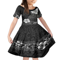 Hawaii Hibiscus With Black Polynesian Pattern Family Matching Short Sleeve Bodycon Dress and Hawaiian Shirt LT05 Daughter's Dress Black - Polynesian Pride